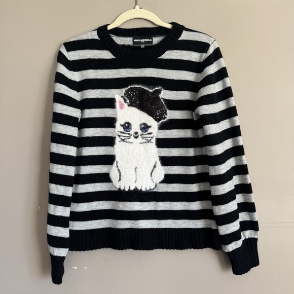 Karl Lagerfeld Paris Kitten Striped Black Sweater Medium - Picture 1 of 4